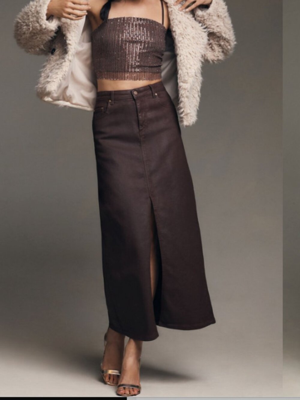 Pilcro Anthropologie The Madi Slit Denim Maxi Skirt Waxed Brown Western Sz 4 EUC